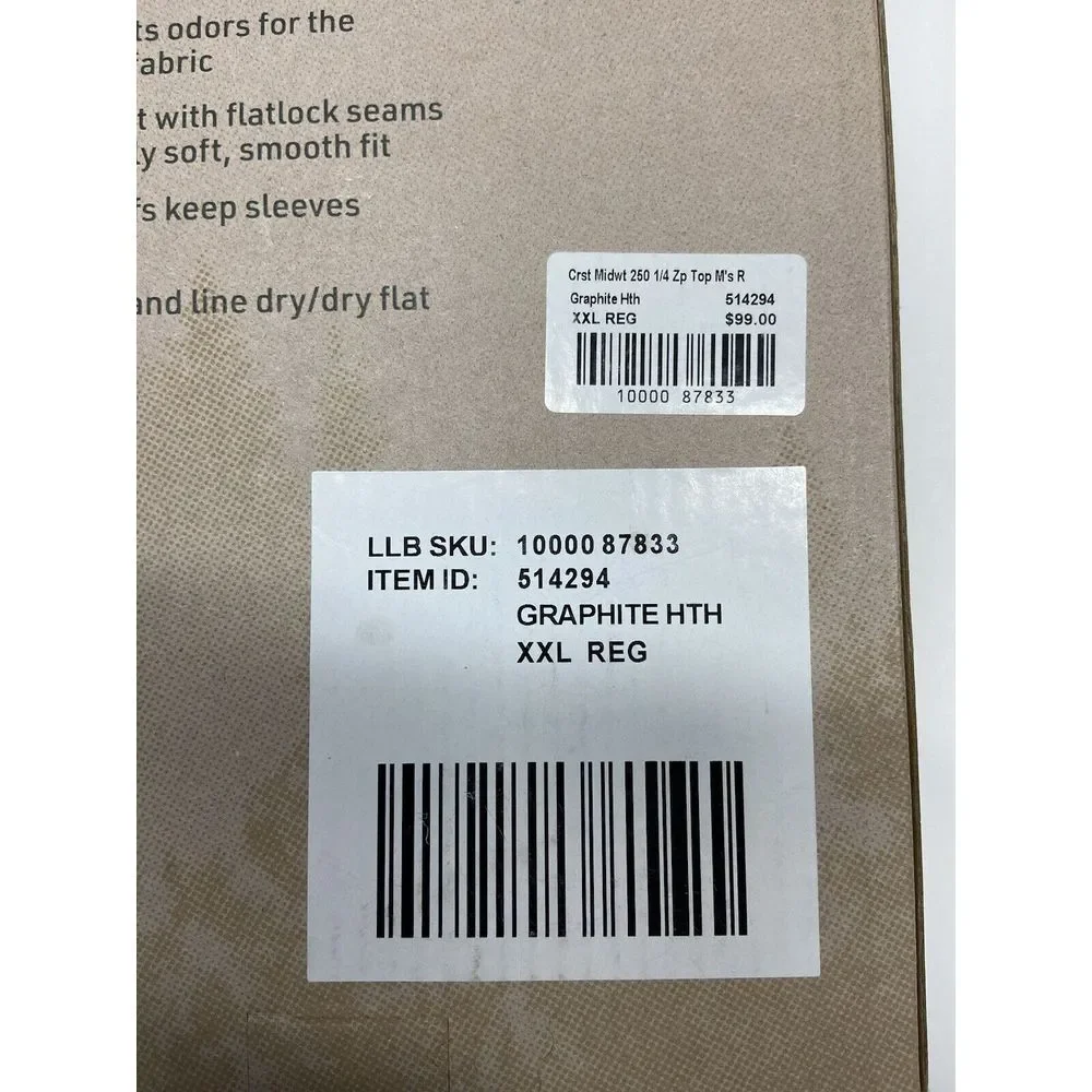 LL Bean Baselayer XXL 100% Merino Wool Cresta Midweight 250 Quarter Zip‎ Top